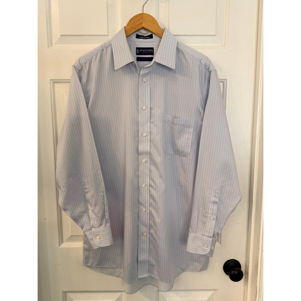 Stafford Performance Traveler Shirt Mens 16 32-33 Blue Pinstripe Cotton Twill